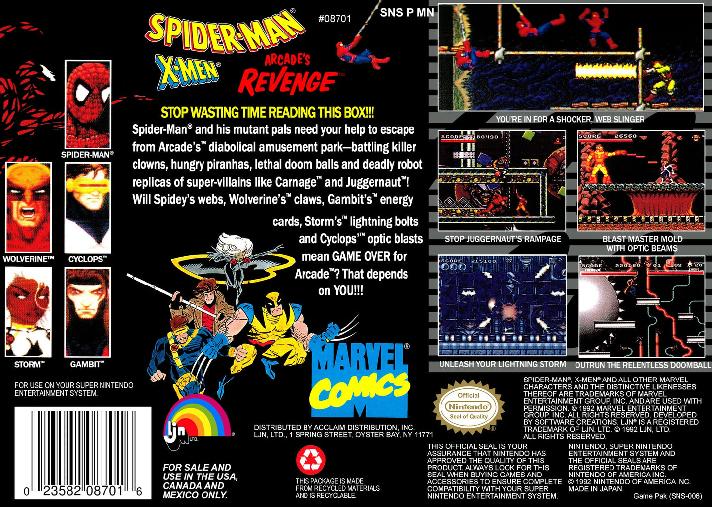 Spiderman X-Men Arcade's Revenge Super Nintendo